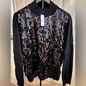 Sequin embellished black mock neck sweater